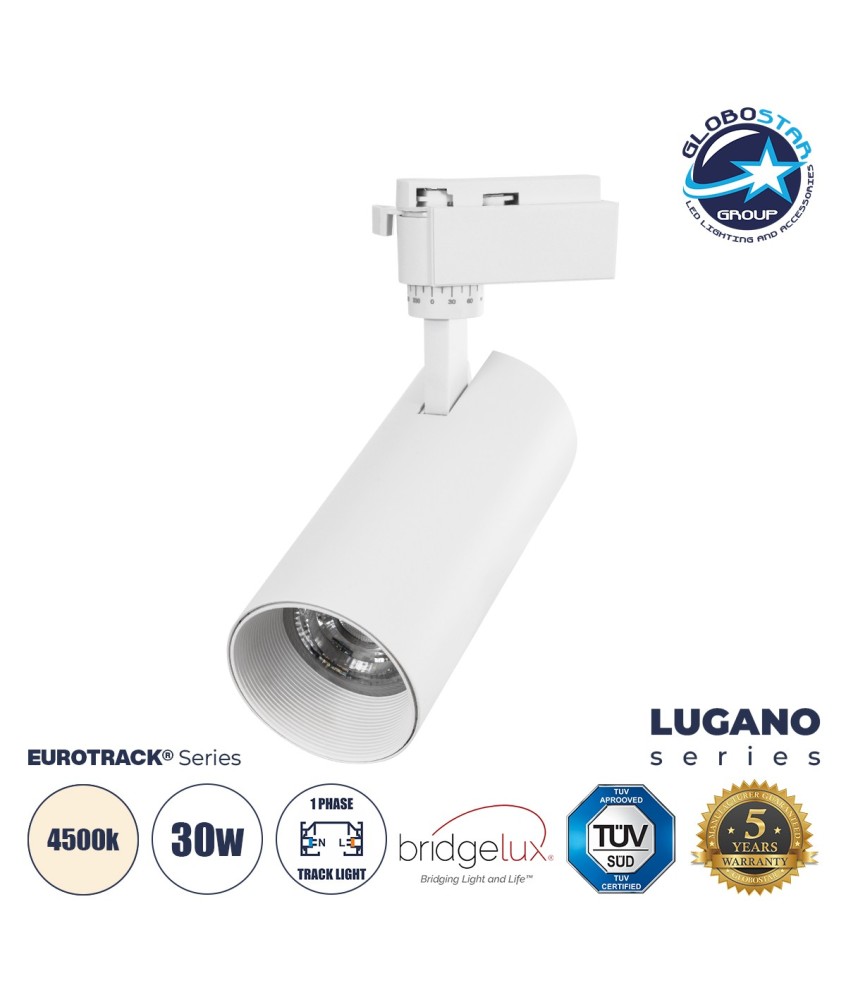 GloboStar® LUGANO 60813 Μονοφασικό Φωτιστικό Σποτ Ράγας LED 30W 3750lm 36° Acrylic HQ LENS AC 220-240V IP20 Φ7.5 x Υ22.7cm Φυσικό Λευκό 4500K - EUROTRACK® System 1L+1N - Λευκό - Bridgelux Chip - TÜV Certified Driver - 5 Χρόνια Εγγύηση